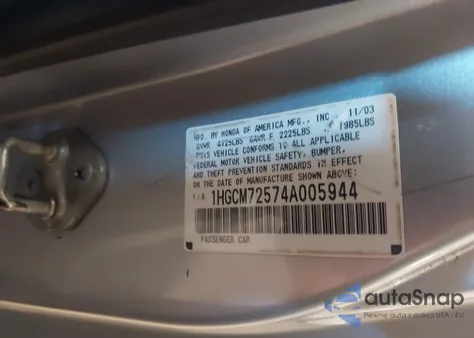 2004 Honda Accord 2.4 Ex z USA, uszkodzony, nr VIN 1HGCM72574A005944